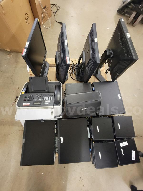 LOT OF 30 (MICRO DESKTIPS, DESKTOPS, PRINTER, FAXER, AND MONITORS)