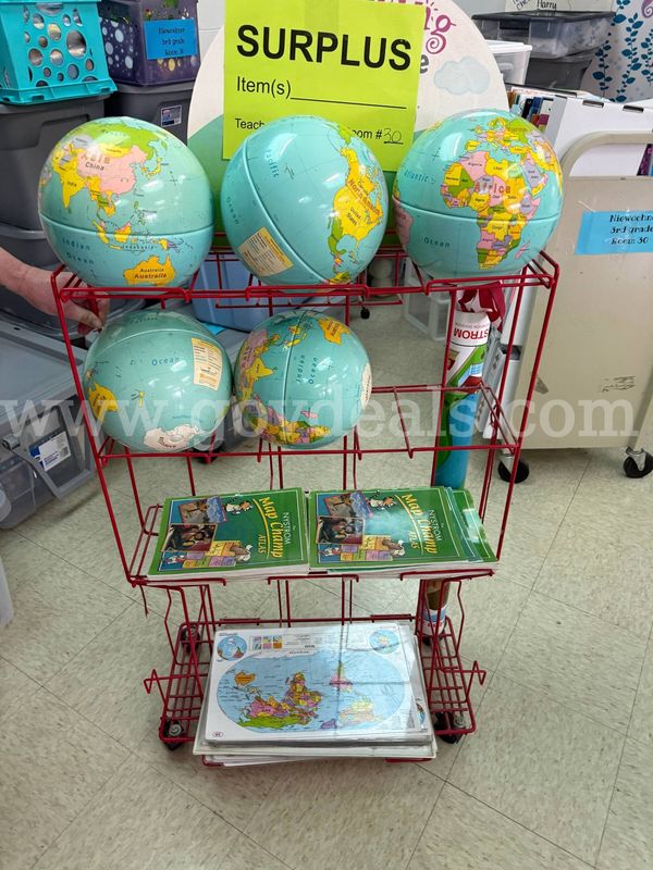 Dictionaries, ELA, social studies books, maps, globes with cart