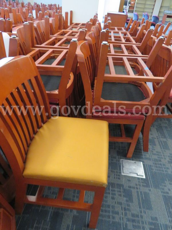 Lot of 50 Wood Chairs with Vinyl Cushions, Assorted Colors