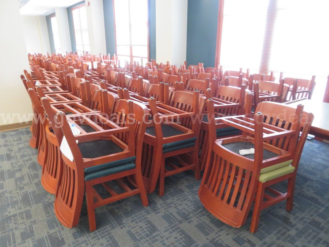 Lot of 50 Wood Chairs with Vinyl Cushions, Assorted Colors