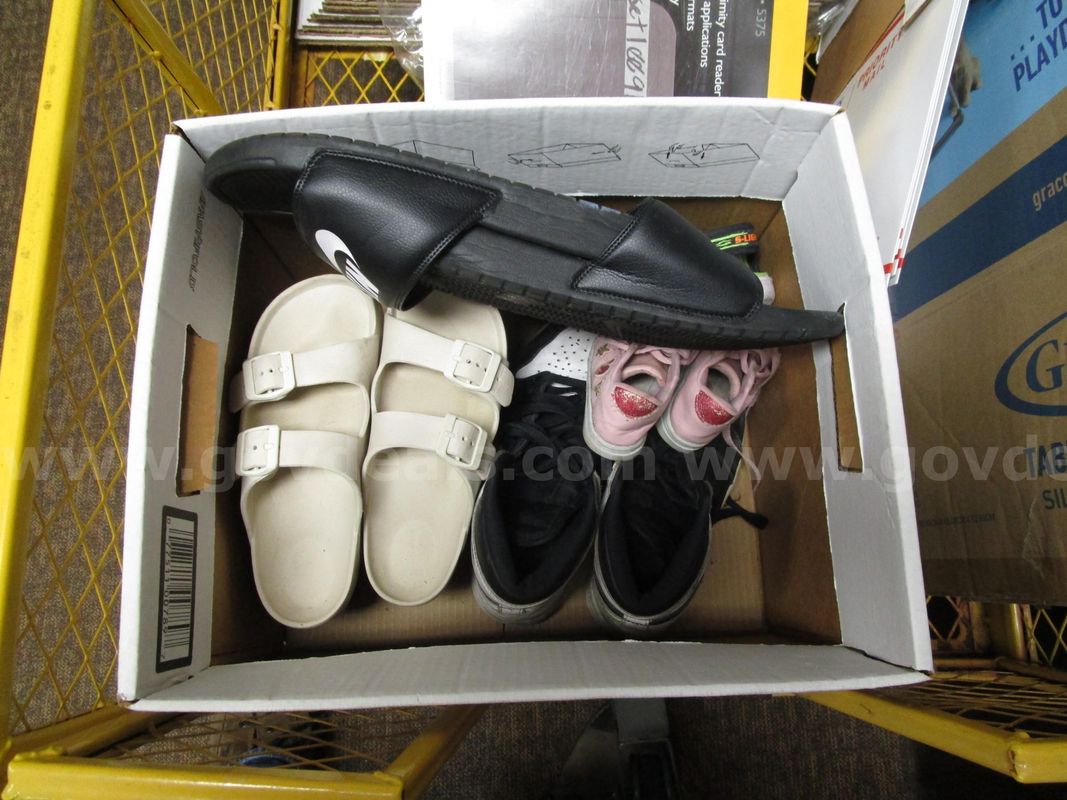 BOX OF (6) USED SHOES; VARIOUS SIZES AND AGES