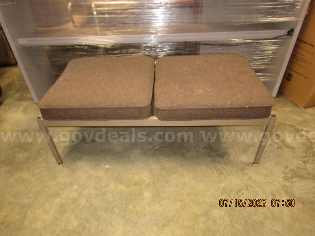 (1) Used Double Seated Metal Frame Chair, No Back With Brown Cushions