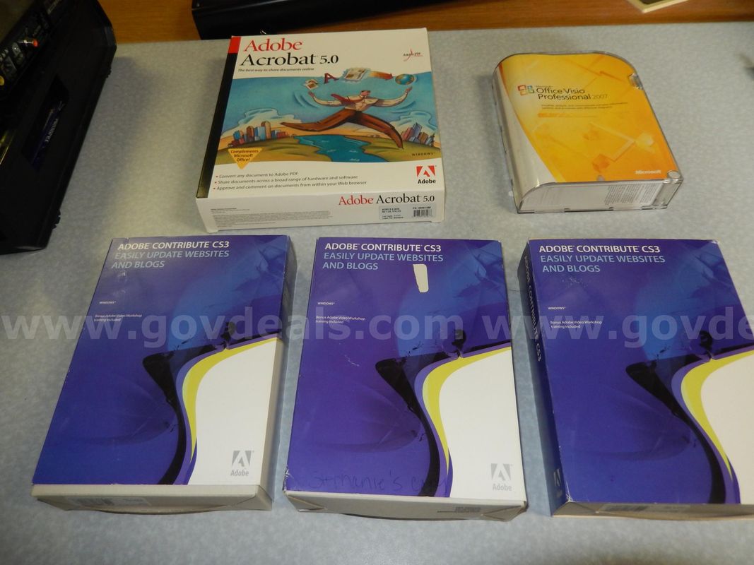 USED (1) MICROSOFT OFFICE VISIO PROFESSIONAL, (3) ADOBE CONTRIBUTE CS3 DVDS, (1) ADOBE ACROBAT 5.0
