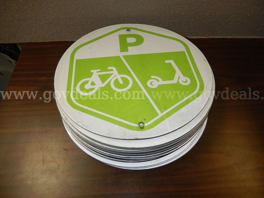 USED (23) BIKE AND SCOOTER PARKING SIGNS 18" (ALUMINIUM AND MAINLY PLASTIC)