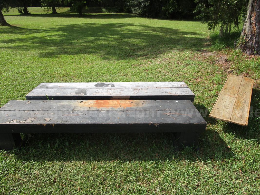 (2) USED FULL BLACK WOODEN BENCHES; (1) USED SMALL BROWN WOODEN BENCH