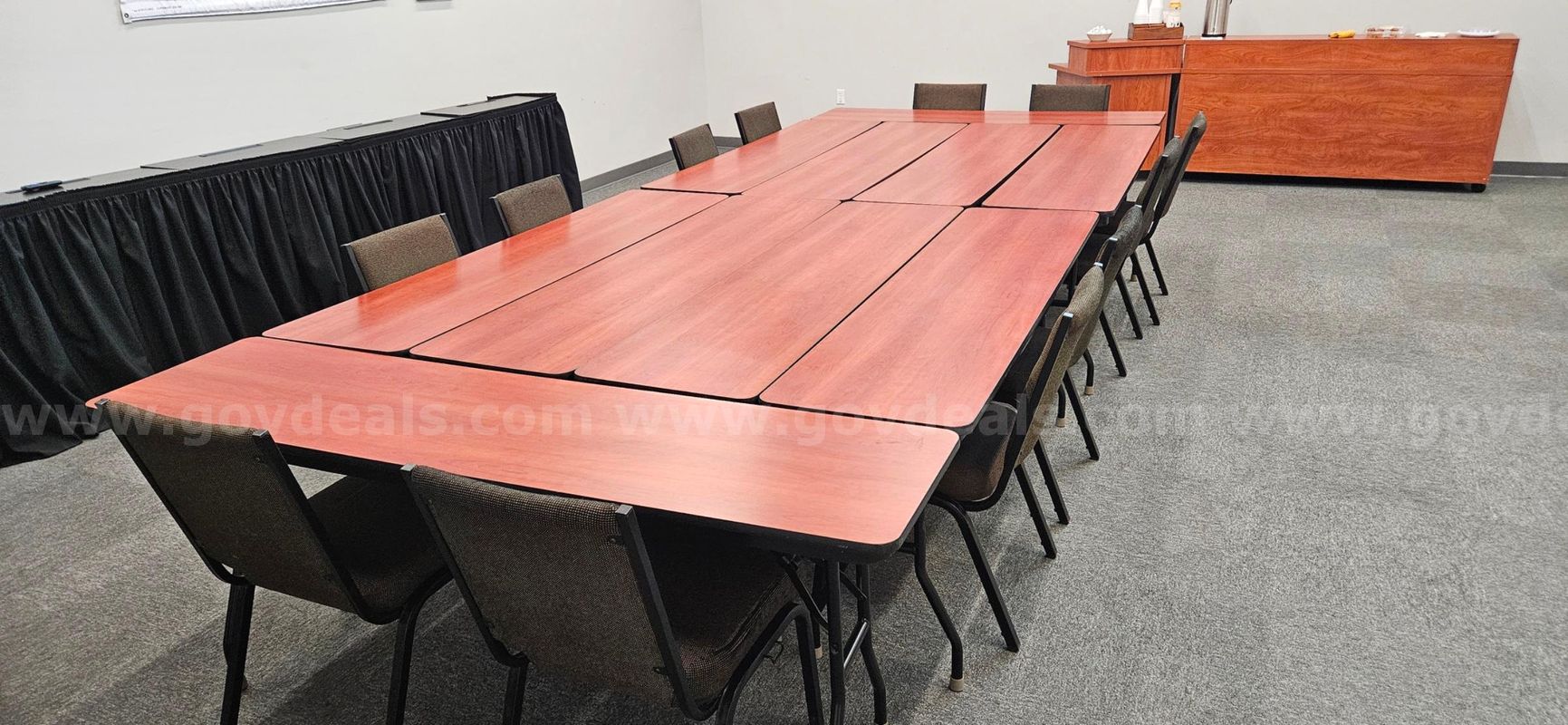 Lot of 8 Seminar Tables (72"x18"), 29 Banquet Chairs, & 5 Desks