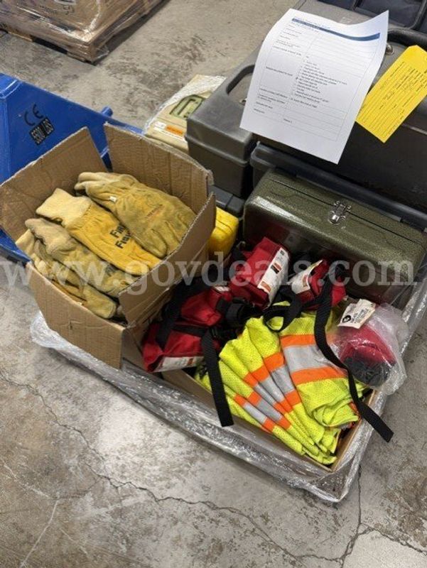 49-Piece Mixed Fire/EMS Equipment Lot – Tool Boxes, MCI Triage Kits, Hand Tools, Gloves & Safety Gear