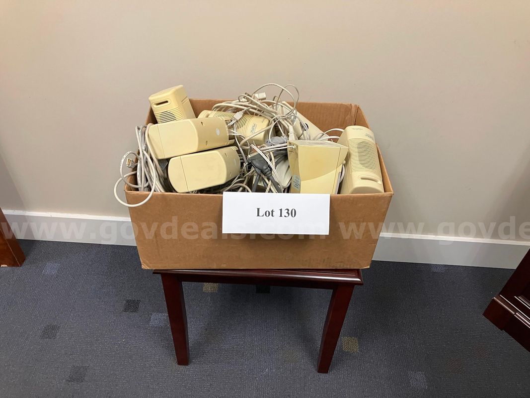 Box Lot of Mixed White Computer Cords, Speaker Sets, and Floppy Disks