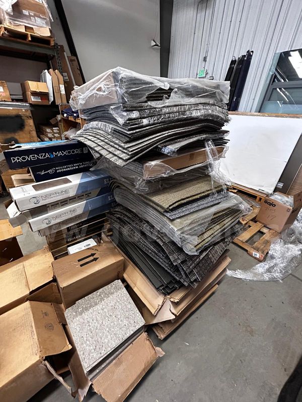 Three (3) Mixed Flooring Pallets: Bulk Carpet Tiles and Wall Base