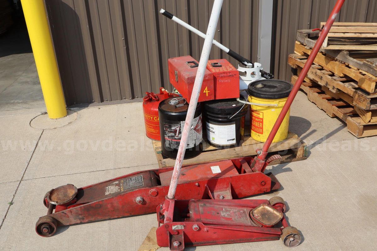 Automotive & Shop Tools Lot: Hydraulic Floor Jacks, Fluid Containers & Toolboxes