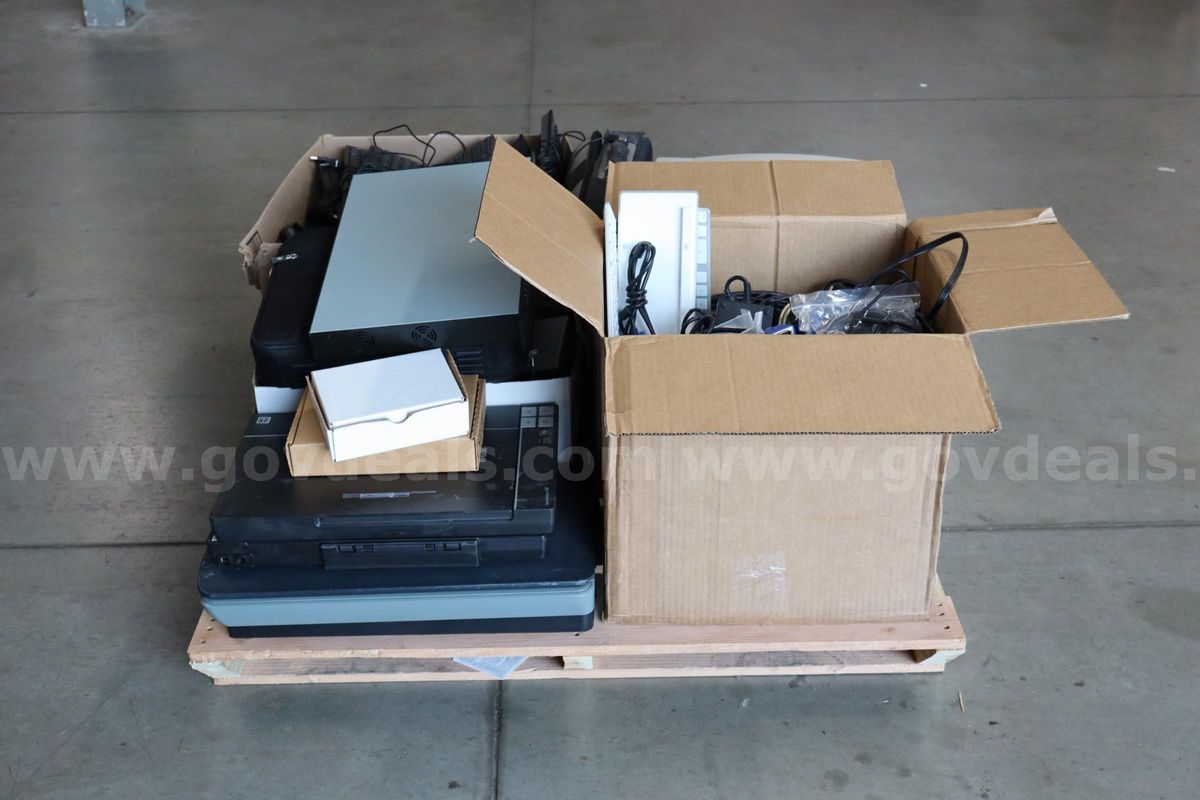 Bulk Electronics Pallet: HP LaserJet 4050N, Epson Perfection V37 Scanner, Keyboards, Power Supplies & Misc Hardware