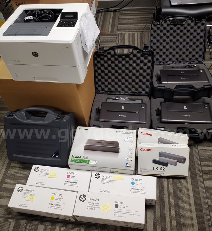 Printer Lot – HP LaserJet Pro M501, 4 Canon Pixma iP110 (Wireless Portable Printers) with hard cases, etc