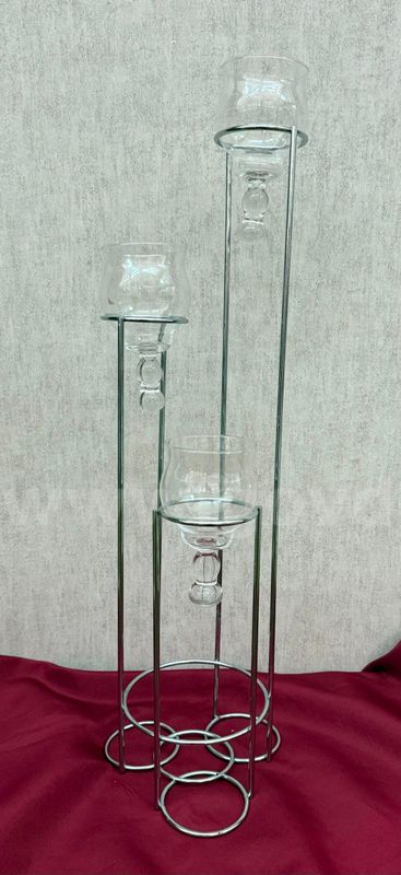 Three-Piece Metal Centerpiece Stand Sets with Glass Hurricane Inserts