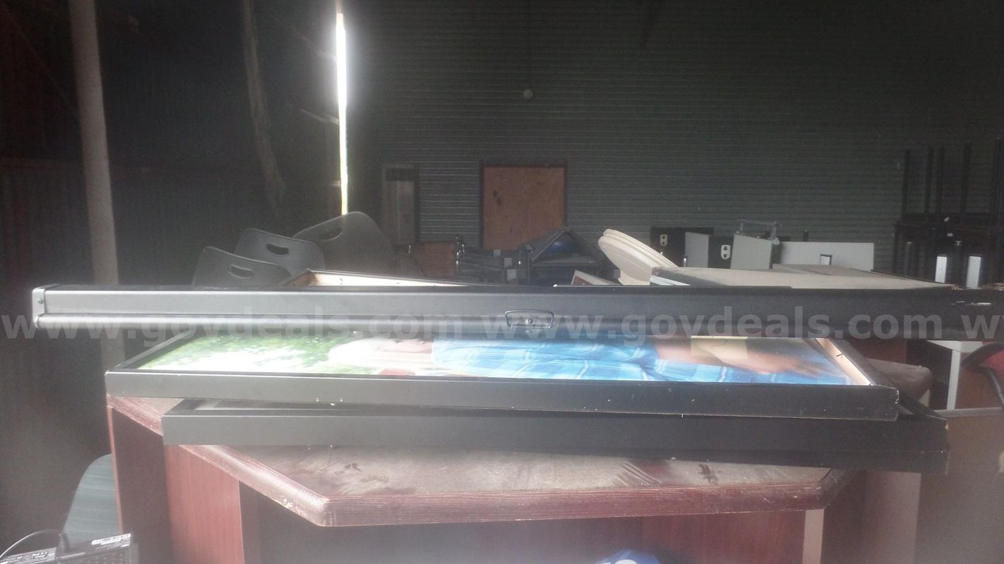 Wood desk, cabinet, multiple air purifiers, picture frames, projector screen, camera holder, metal parts