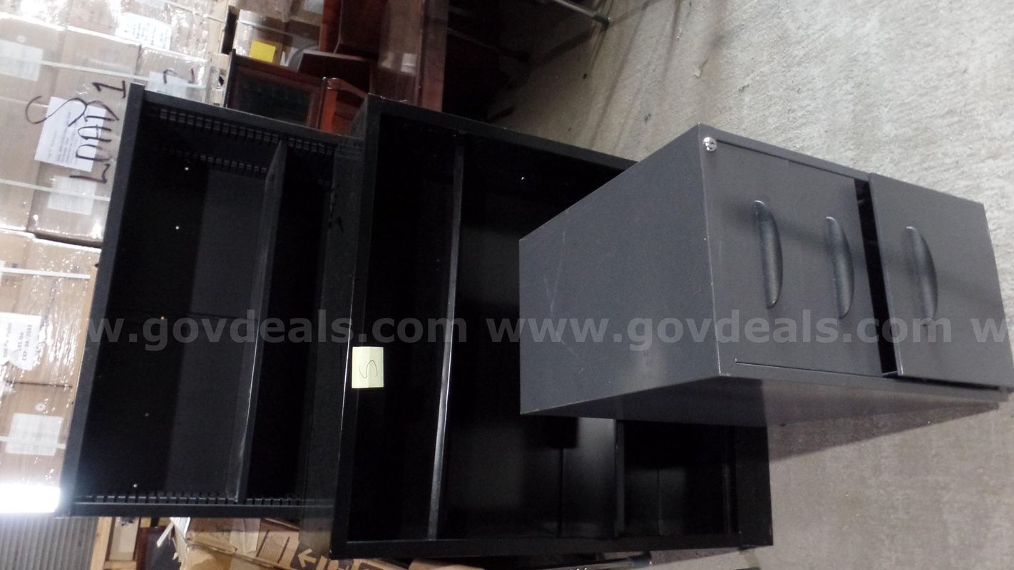 2 black cabinets and 1 grey rolling cart