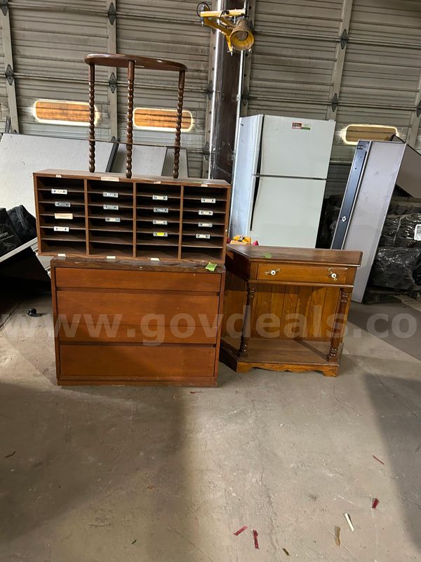 4 pieces wood furniture file cabinet, 2 small tables, 1 mail box,