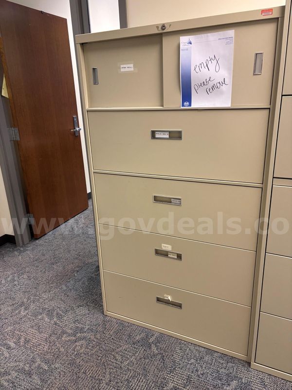 Used Four Drawer with Top Shelf Cabinet with Sliding Doors  Lateral Filing Cabinet