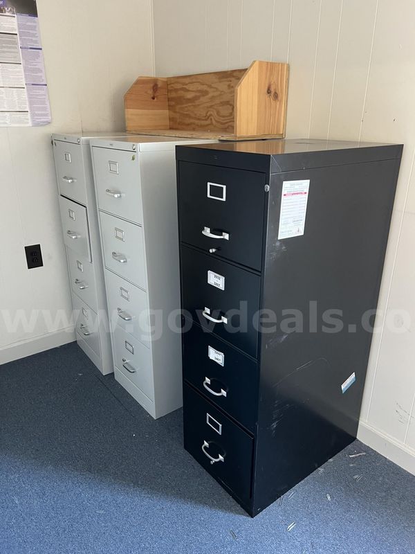 3 Metal Filing Cabinets and Wood Shelf