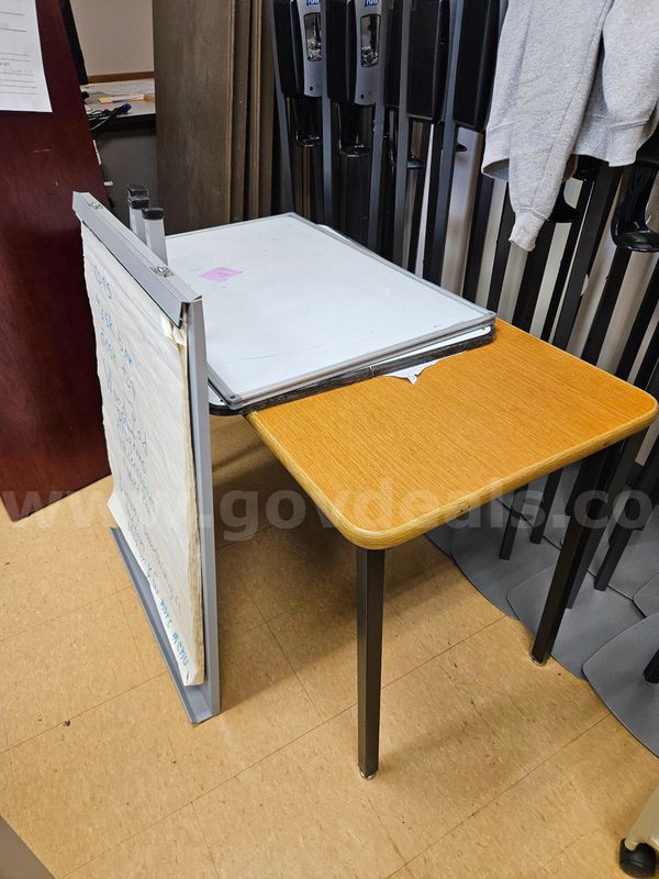 Misc Lot: Table, White Boards, Easel, Filing Cabinet