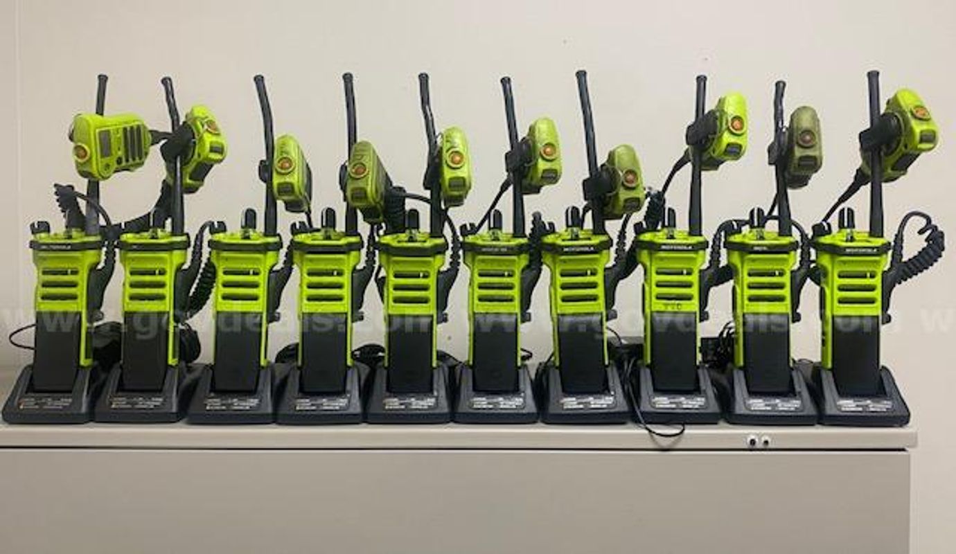 Lot of 10 Motorola APX 7000XE Green Portable Radios with Shoulder Mikes.