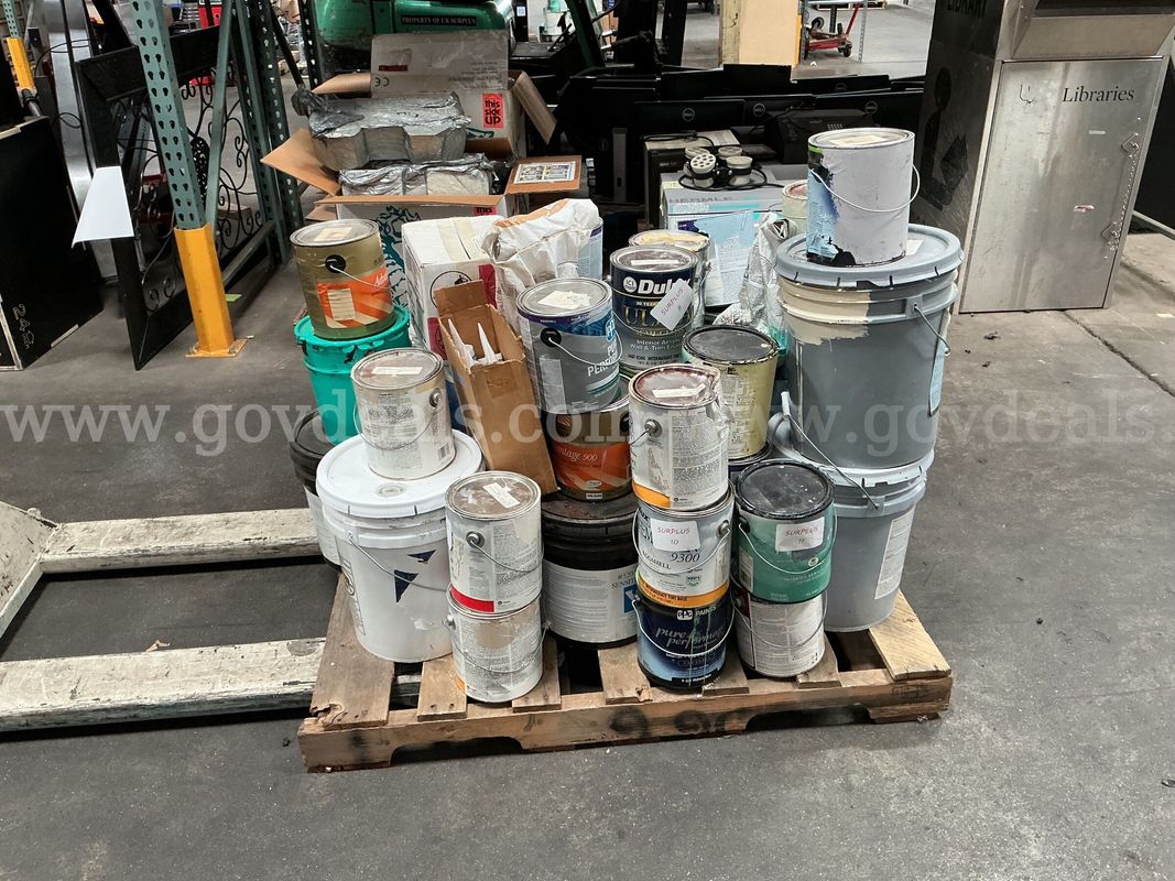 Pallet of Partial Cans of Paint and Plaster
