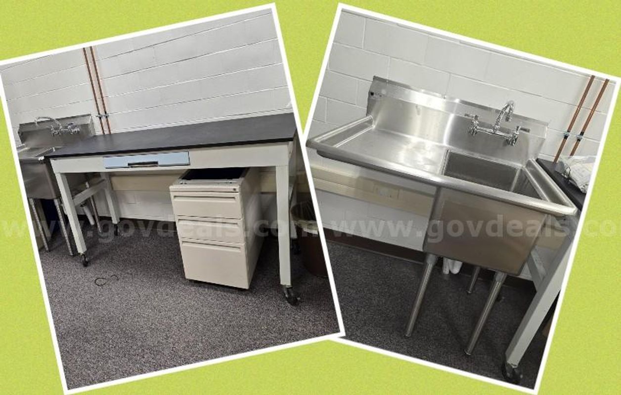 Single bay stainless sink, table and filing cabinet