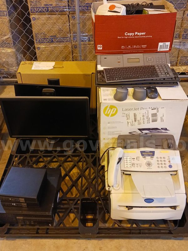 3 Computers, 3 monitors, 2 printers, 1 fax machine, 3 keyboards, 3 mice