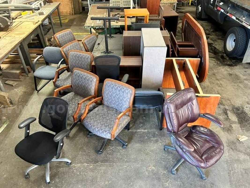 Lot of office chairs, desks, book shelves, tables
