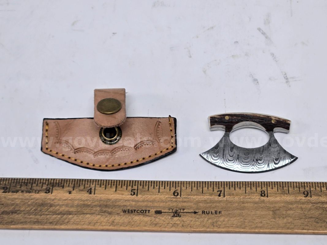 Mini Damascus Blade Ulu Knife w/ Bone Handle (Anchorage, AK)
