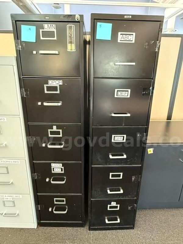 (2) Black 5 Drawer Filing Cabinets - No key