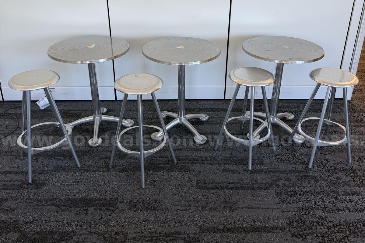 Amat A3 Bistro Cafe Style (3) Round Tables and (4) Silver Stools