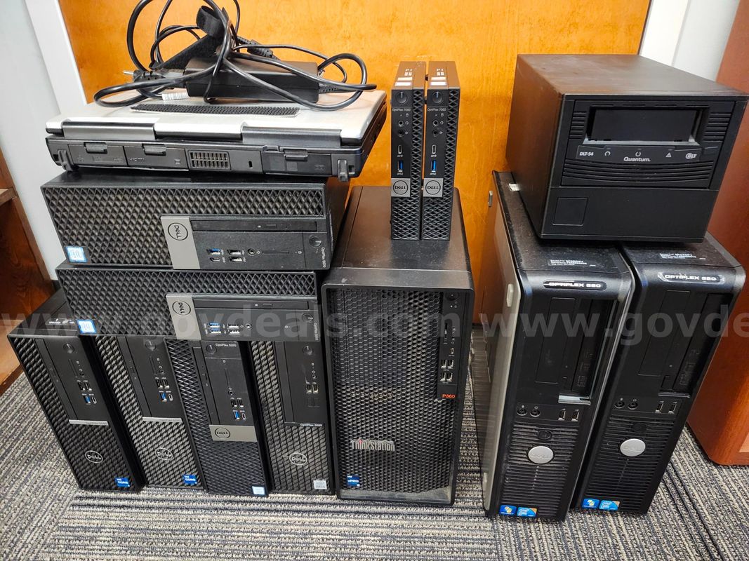 11 Desktop computers w/o hard drives, 1 Laptop and a External Tape Drive