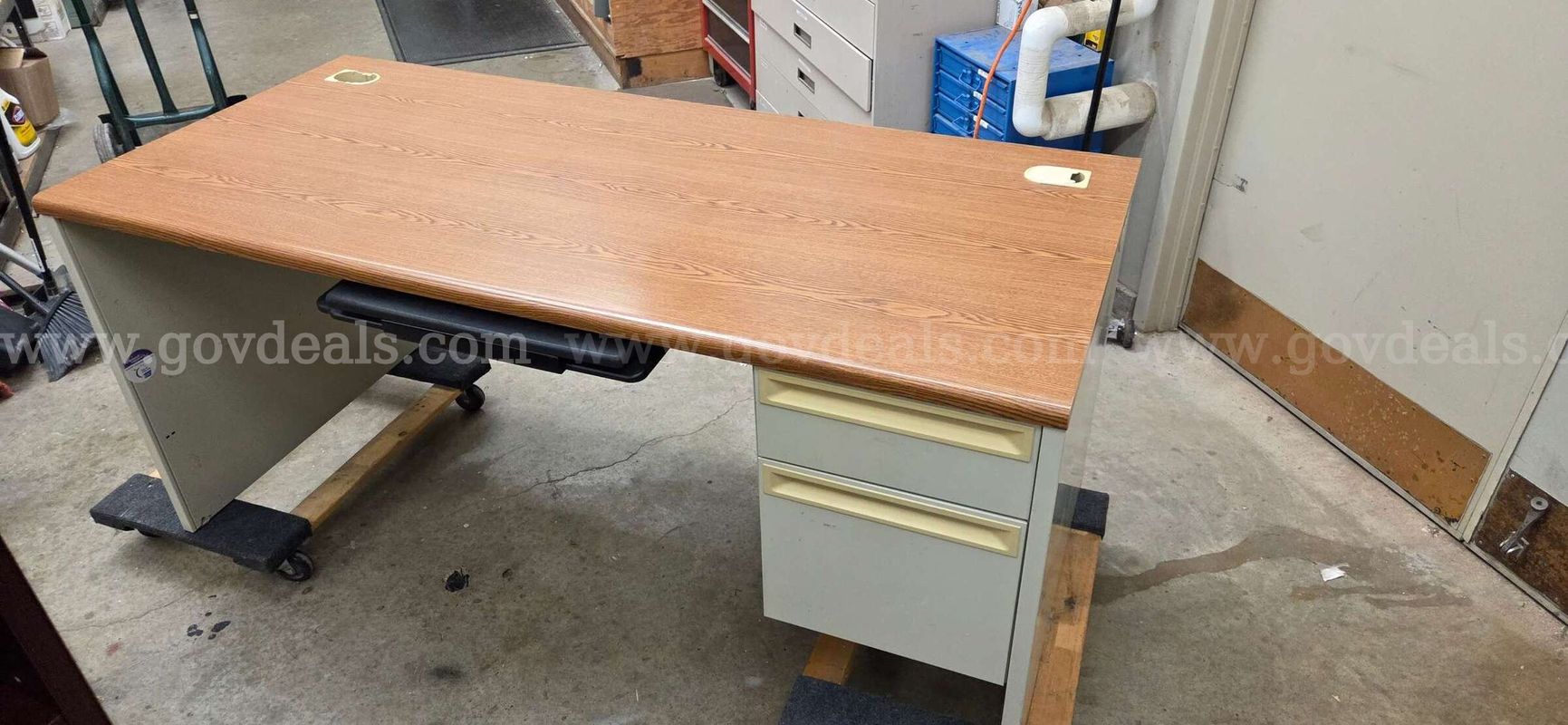 Metal with wood top desk.