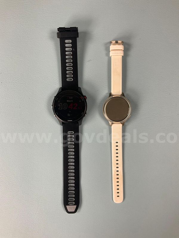 2 - Garmin Smart Watches (Unlocked) with Bands, Both Power On: 1 - Forerunner 255 and 1 - Lily 2 Active
