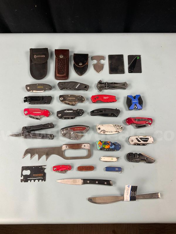 Lot of Misc. Knives, Multi-Tools, Sharpeners and Box Cutters