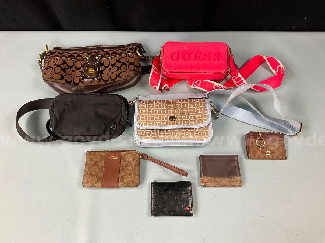 8 - Fashion Purses, Wallets, and Bags Labeled as Coach, Lululemon, Tommy Hilfiger, and Guess