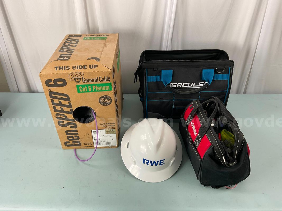 2 - Tool Bags With Misc Hand Tools, Partial Spool of Cable & Helmet