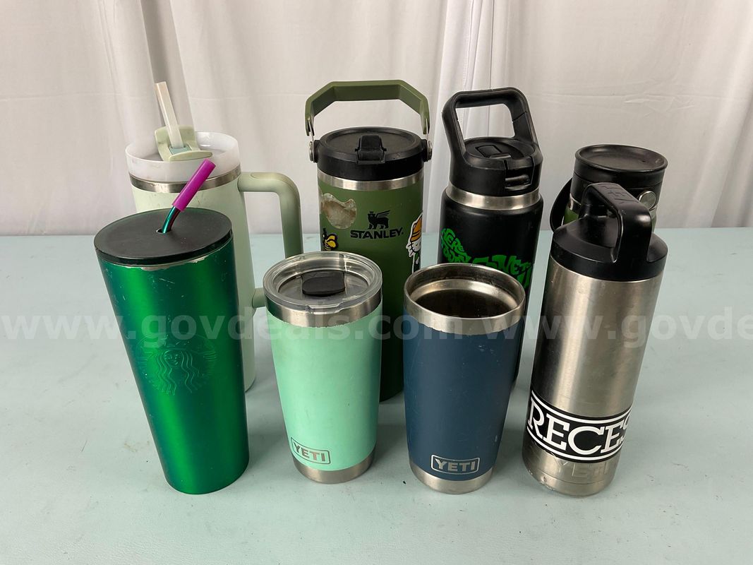 8 - Water Bottles: 4 - YETI (1 - Missing Lid), 2 - Stanley, Hydro Flask & Starbucks