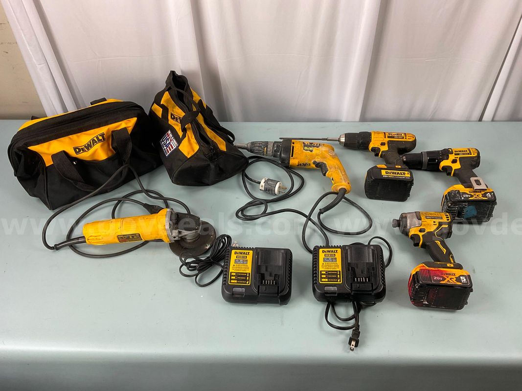 Lot of Dewalt Power Tools With 3 - Batteries, 2 - DCB115 Battery Chargers & 2 - Tool Bags