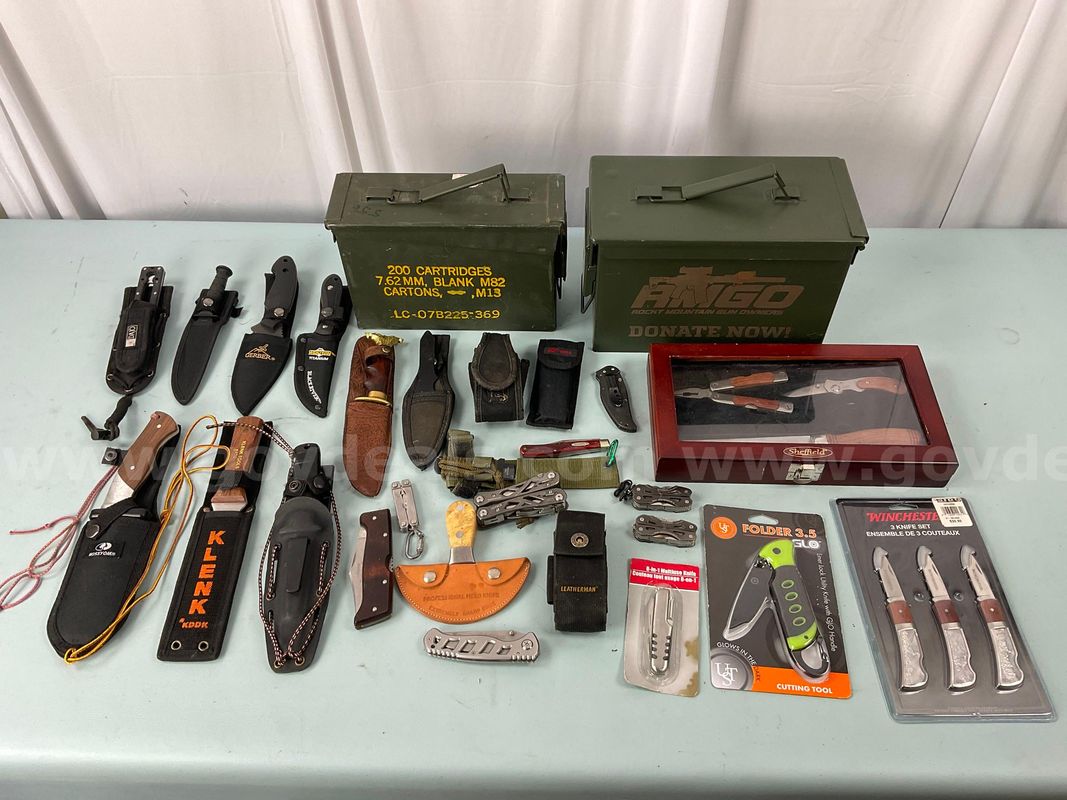 Lot of Knives & Multitools, Including Leatherman Surge in Case With 2 - Ammunition Boxes