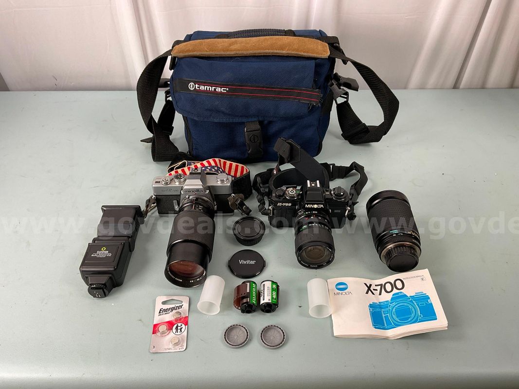 2 - Minolta Film Cameras With 3 - Lenses, Bag & Accessories