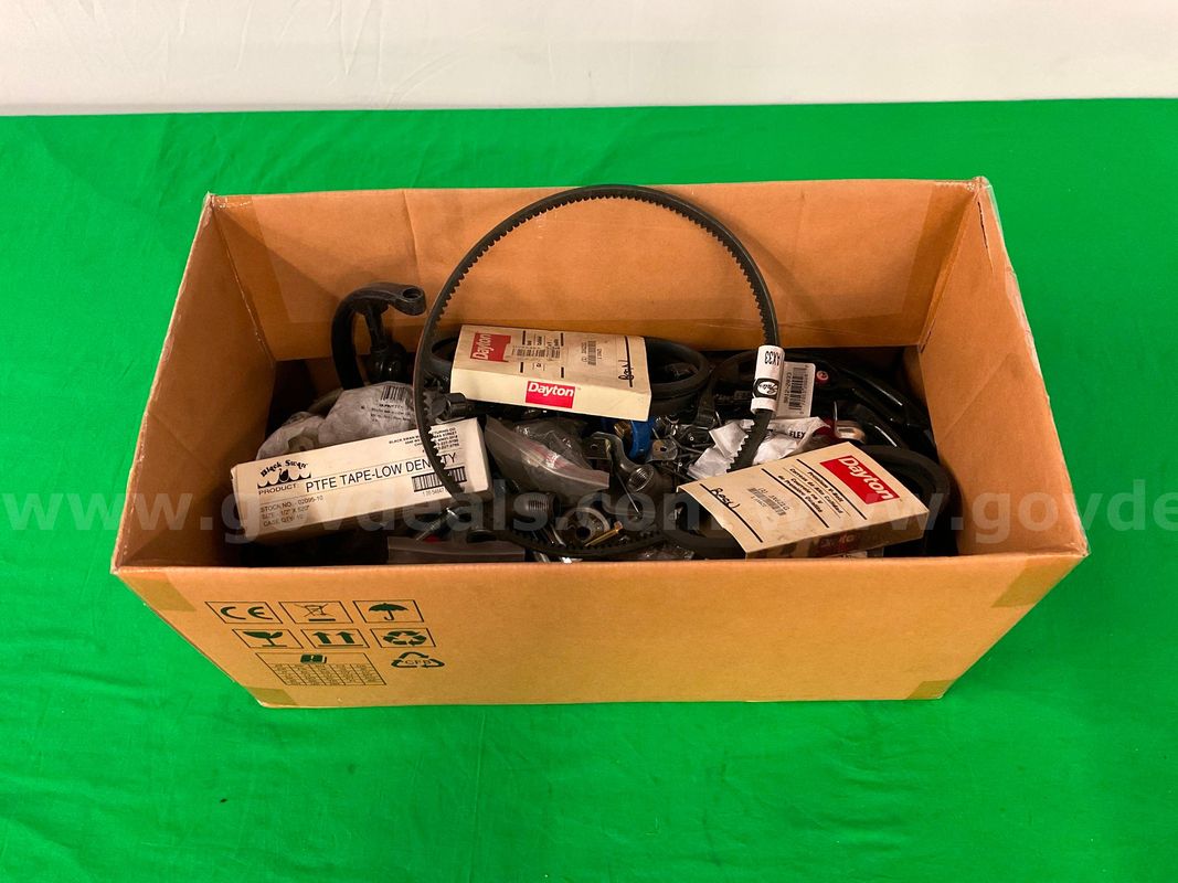 Box of Misc Belts, Bolts, Parts & Fixtures