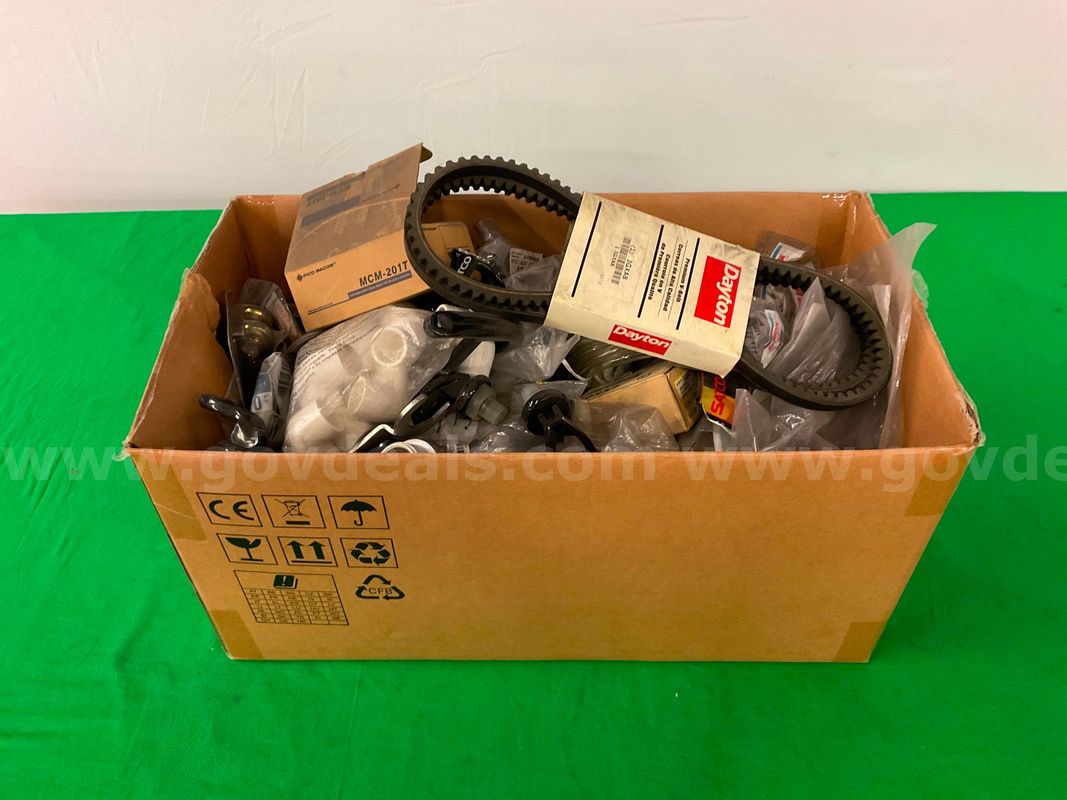 Box of Misc Belts, Bolts, Parts & Fixtures