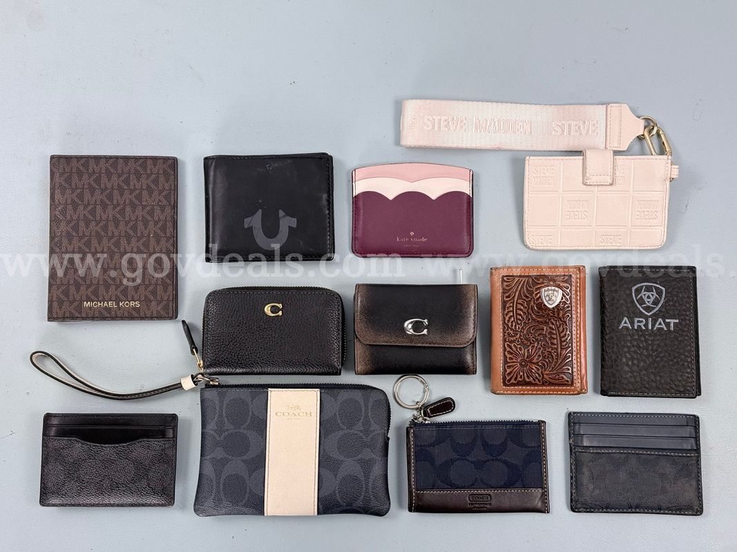 12 - Fashion Wallets & Card Holders Labeled as Coach, Ariat, Michael Kors, Steve Madden, Kate Spade, and True Religion