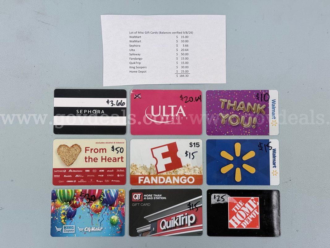 Lot of Misc Gift Cards, Total Balance $184.30