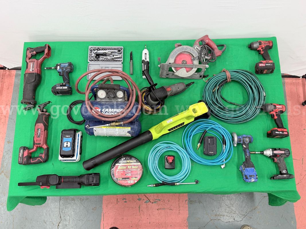 Lot of Misc. Power Tools, Batteries, Chargers, and Hoses, Including Hart, Kobalt, Campbell Hausfeld, and More (Untested)