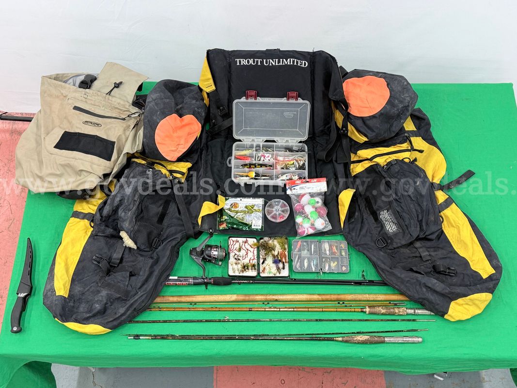 Lot of Misc. Fishing Equipment and Gear Including Trout Unlimited Inflatable Fishing Float Tube, Rods, and More