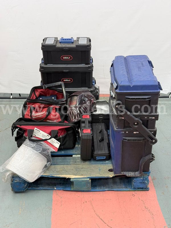 Pallet of Tool Boxes/Tool Bags with Hand Tools and Accessories Including Stanley, Arccaptain, Airaj, Craftsman, and More