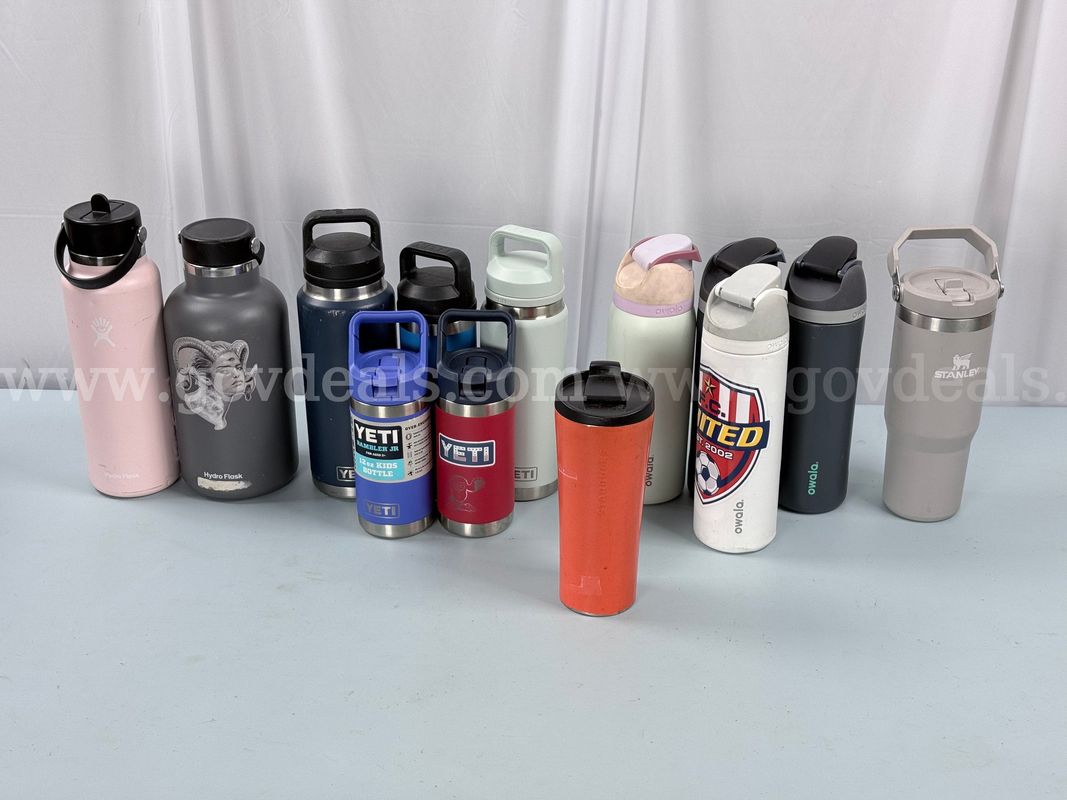 13 - Water Bottles: 5 - Yeti, 4 - Owala, 2 - Hydroflask, 1 - Stanley, and 1 - Starbucks