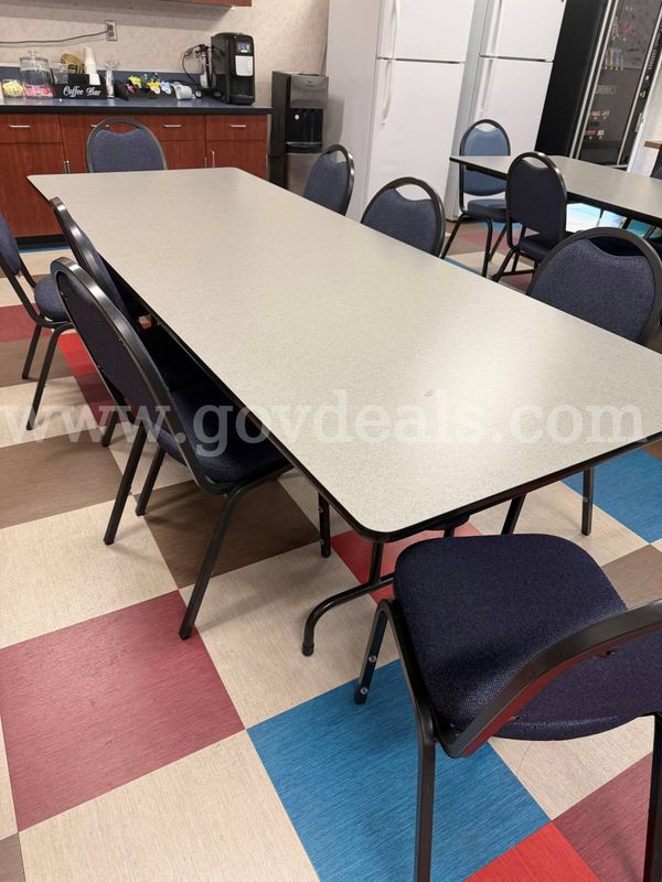 Lot of (4) 7' x 3' Grey Tables , (31) Blue Cushion Chairs , (2) 5' x 3' Grey Computer Tables